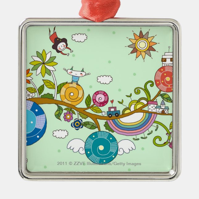 Side view of children playing on tree branch metal tree decoration (Front)