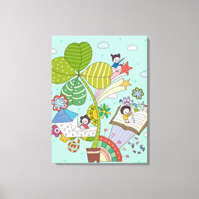 Side view of children studying by potted plant canvas print (Front)
