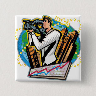 Side view of man shooting 15 cm square badge