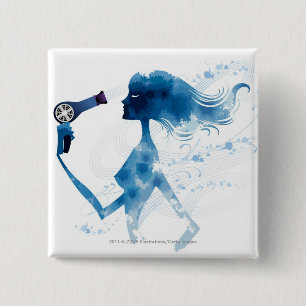 Side view of woman blow drying long hair 15 cm square badge