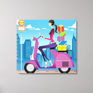 Side view of woman with gifts on scooter canvas print