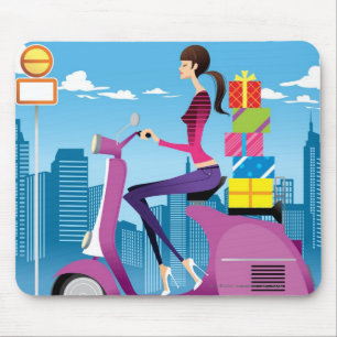 Side view of woman with gifts on scooter mouse pad