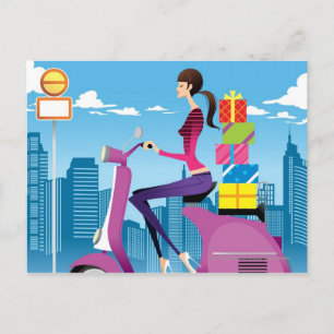 Side view of woman with gifts on scooter postcard