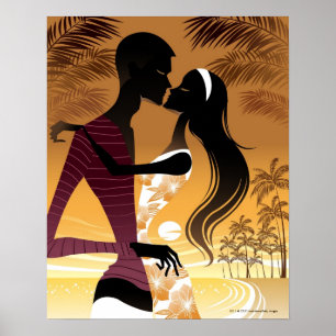 Side view of young couple standing in beach poster