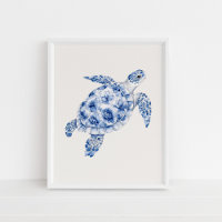 Side View Sea Turtle – Coastal Blue on Beige