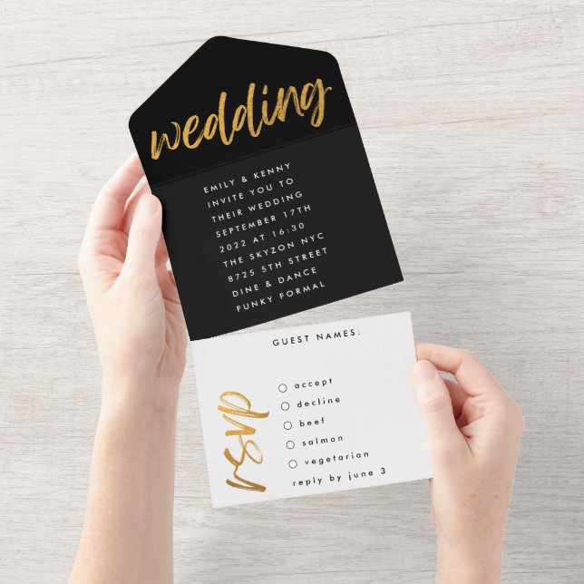 Side Ways Black Gold Modern Simple Wedding All In One Invitation (Tearaway)