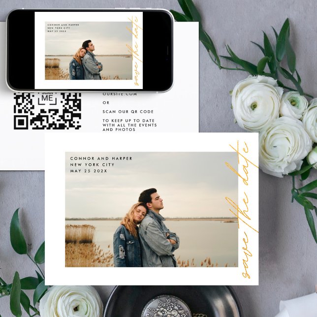 Side Ways QR Code Simply Elegant Gold Photo Border Save The Date (Creator Uploaded)
