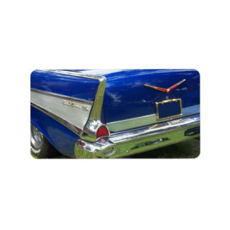 Side white tailfin on blue classic car label