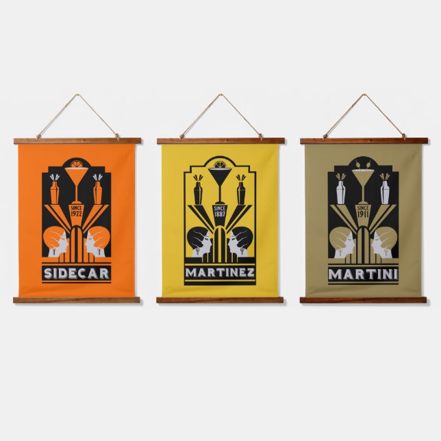 Sidecar Cocktail Art Deco Hanging Tapestry (Triple)