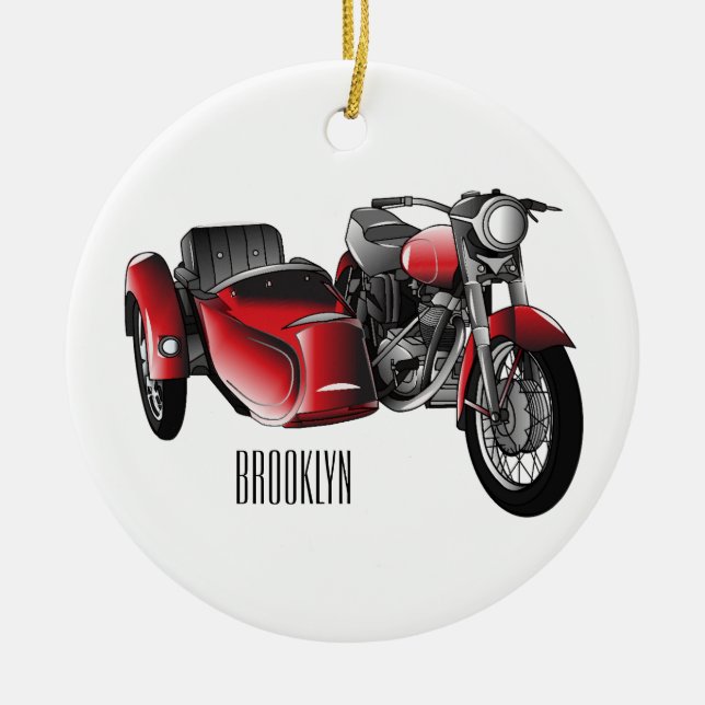 Sidecar motorcycle cartoon illustration  ceramic tree decoration (Front)