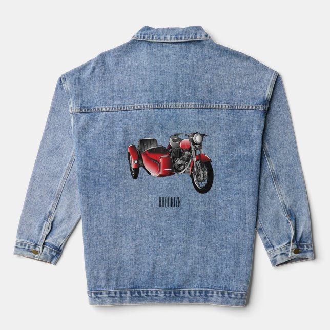 Sidecar motorcycle cartoon illustration  denim jacket (Back)
