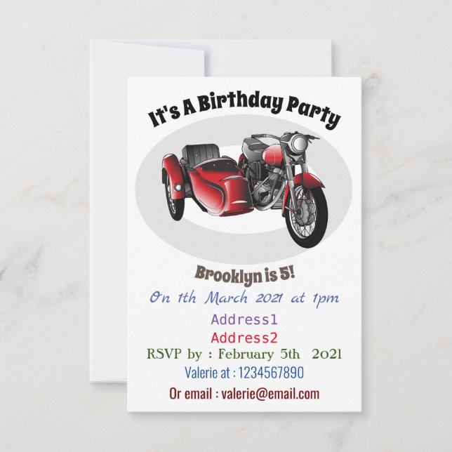 Sidecar motorcycle cartoon illustration  invitation (Front)