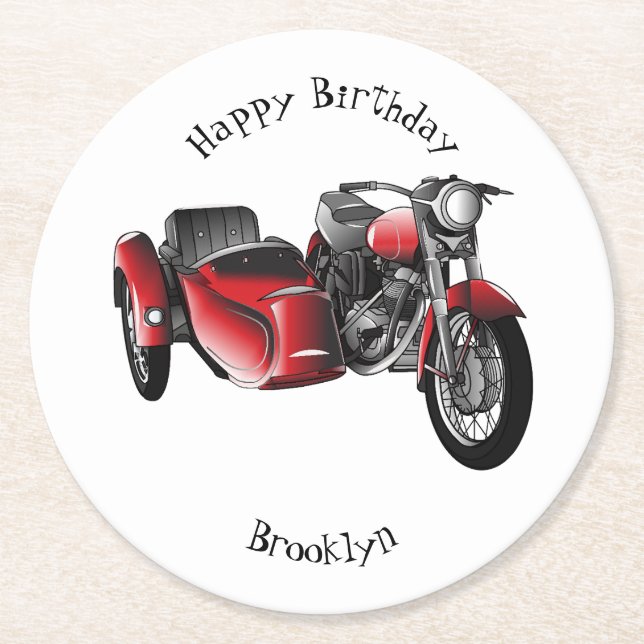 Sidecar motorcycle cartoon illustration  round paper coaster (Front)