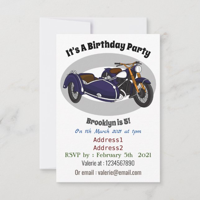 Sidecar purple motorcycle illustration invitation (Front)