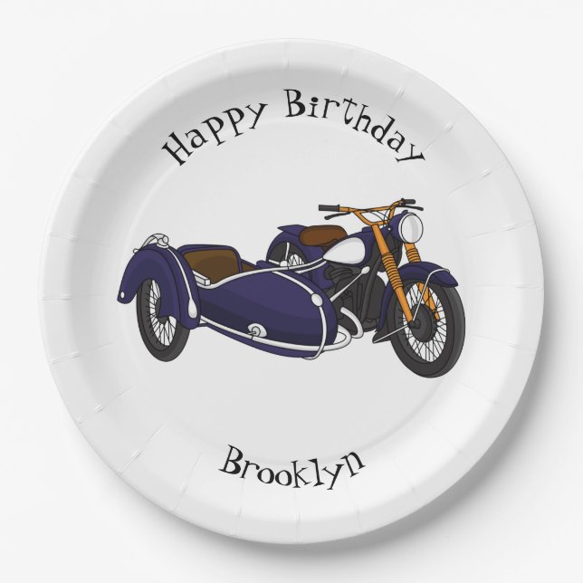 Sidecar purple motorcycle illustration paper plate (Front)