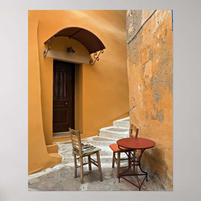 Sidewalk table setting, Chania, Crete, Greece Poster (Front)
