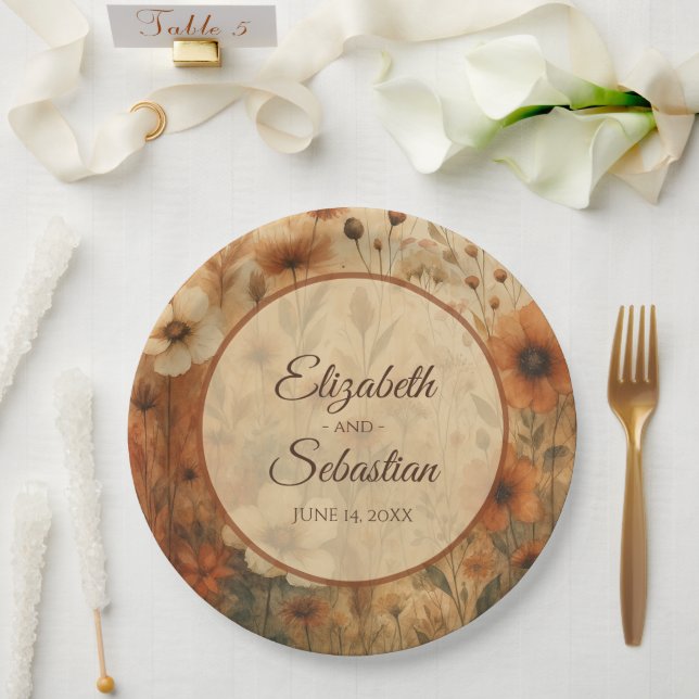 Sienna Boho Watercolor Floral Elegant Wedding Paper Plate (Wedding)