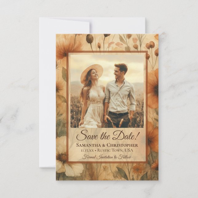 Sienna Boho Watercolor Wildflowers Photo Wedding Save The Date (Front)