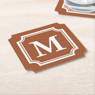 Sienna brown elegant border custom monogram paper coaster