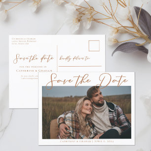 Sienna Brown Script Couple Photo Chic Fall Announcement Postcard