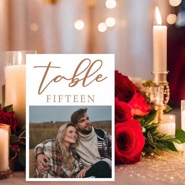 Sienna Brown Script Couple Photo Summer Wedding Table Number (Creator Uploaded)