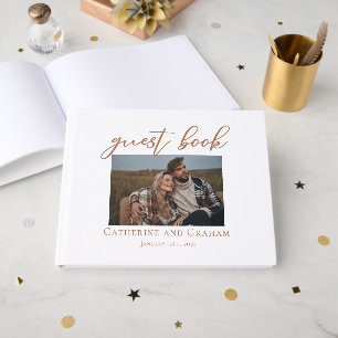 Sienna Brown Script Couple Photo Wedding Guest Book