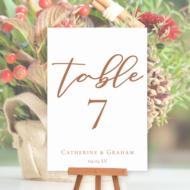 Sienna Brown Script Minimalist Custom Wedding Table Number (Creator Uploaded)