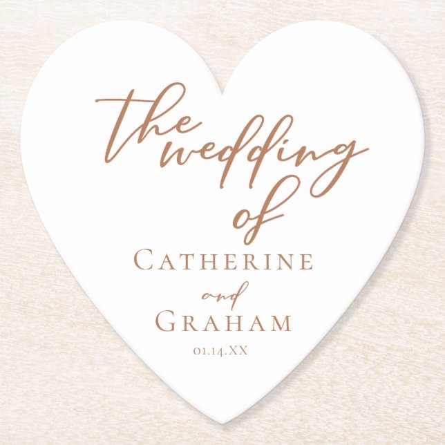 Sienna Brown Typography Minimalist Wedding Heart Paper Coaster (Front)