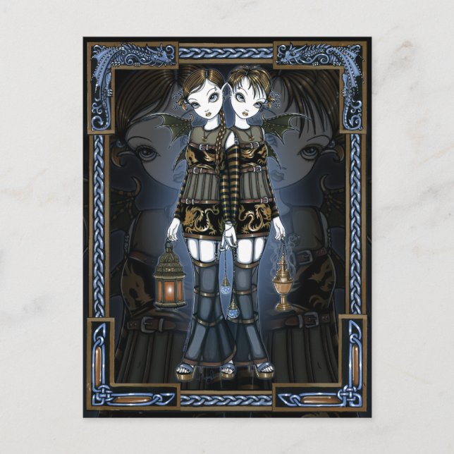 Sienna & Celeste Gothic Dragon Twins Fae Postcard (Front)