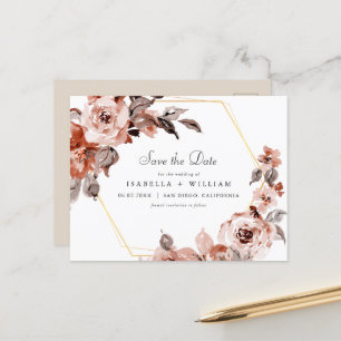 Sienna Floral and Gold Frame Save the Date Postcard