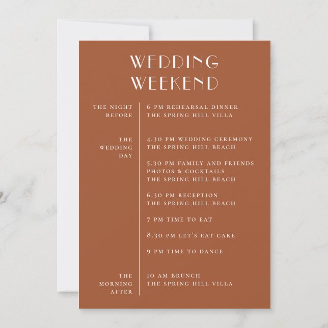 Sienna Terracotta Wedding | Fall Weekend Timeline Invitation (Back)