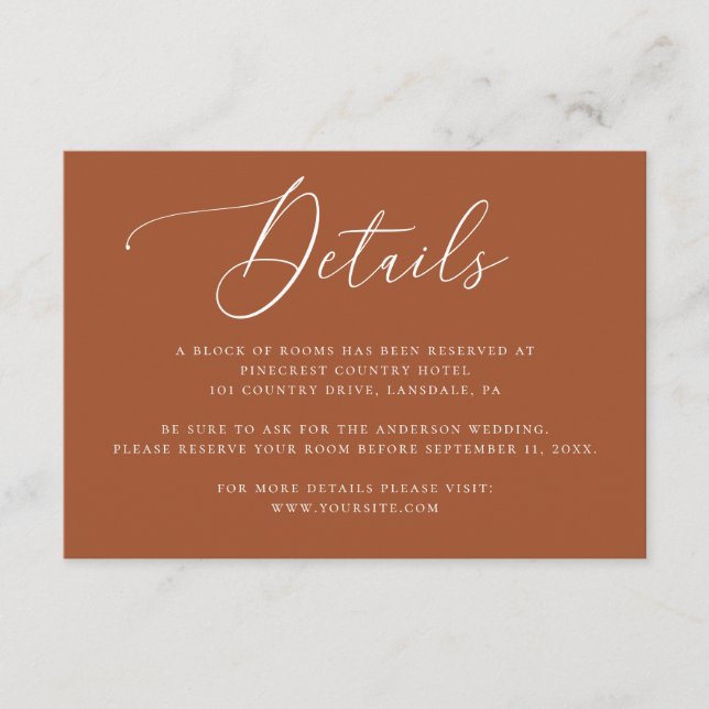 Sienna Wedding Details | Terracotta Accommodation Enclosure Card (Front)