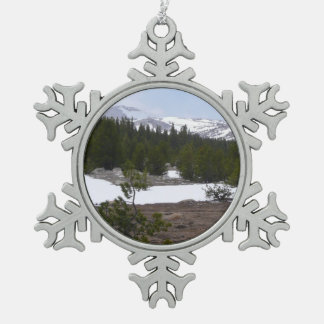 Sierra Nevada Mountains and Snow at Yosemite Snowflake Pewter Christmas Ornament