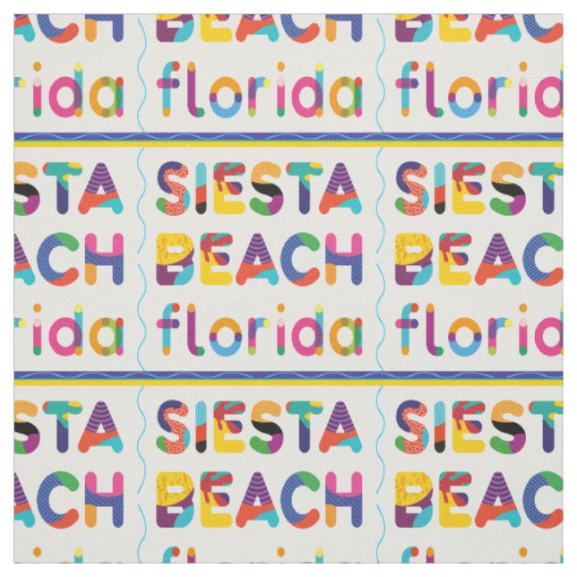 Siesta Beach, Florida. Colourful Text Pattern Fabric (Swatch)