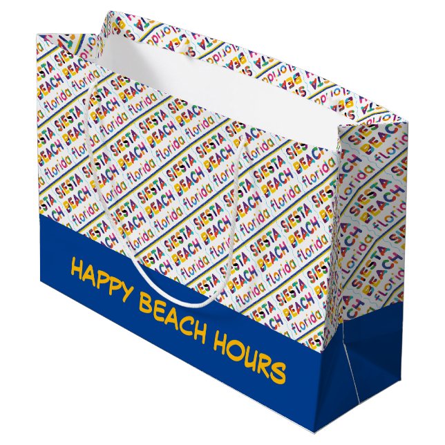 Siesta Beach, Florida. Colourful Text Pattern Large Gift Bag (Back Angled)