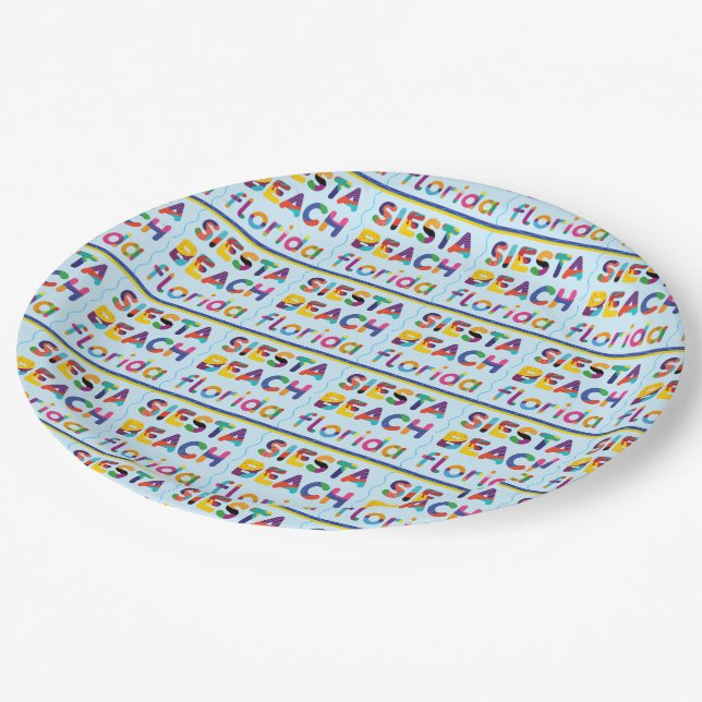 Siesta Beach, Florida. Colourful Text Pattern Pape Paper Plate (Angled)