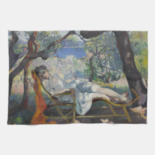Siesta (Jeanne Sleeping in Mediterranean Garden) Tea Towel