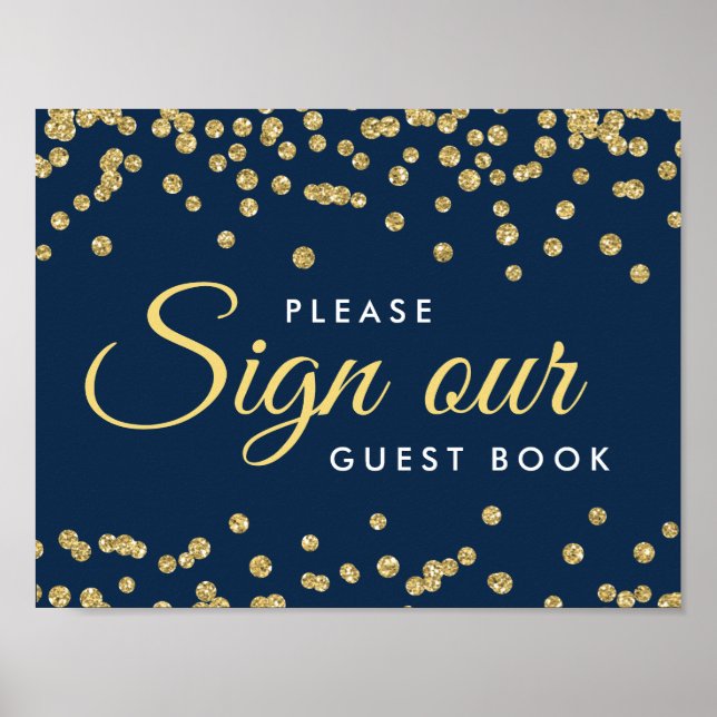 Sign Guestbook Gold Faux Glitter Confetti Navy (Front)