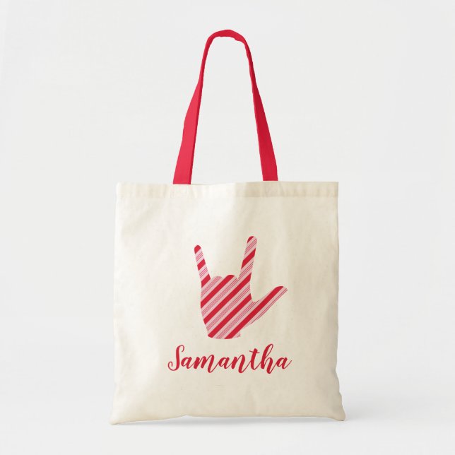 Sign Language I Love You Christmas Candy Cane Name Tote Bag (Front)