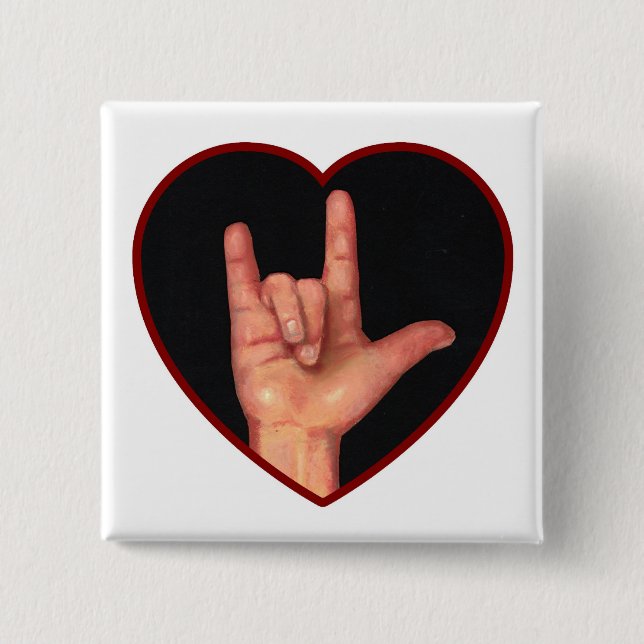 SIGN LANGUAGE I LOVE YOU HEART, HAND 15 CM SQUARE BADGE (Front)