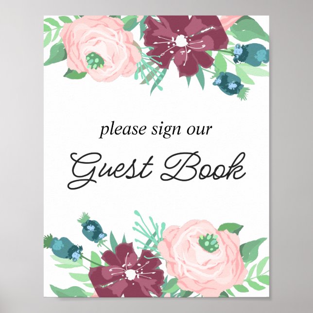 Sign our guest book. Purple boho garden flowers. (Front)
