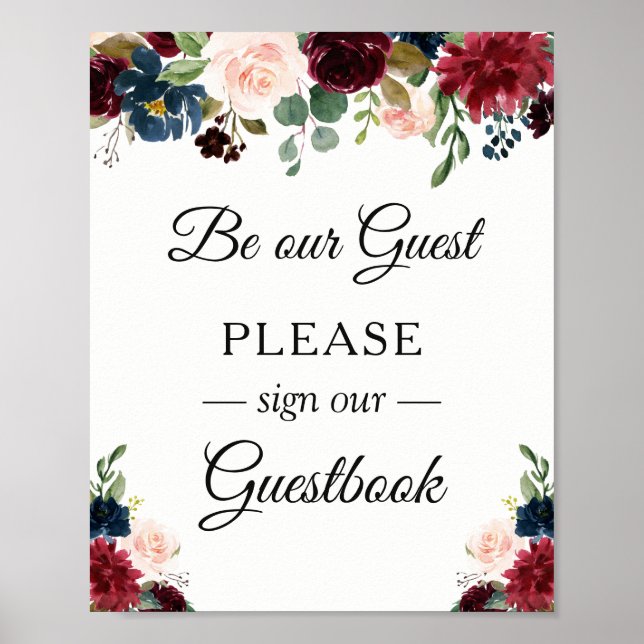 Sign Our Guestbook Burgundy Blush Blue Floral (Front)