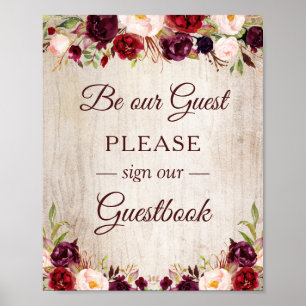 Sign Our Guestbook Rustic Wood Burgundy Red Floral