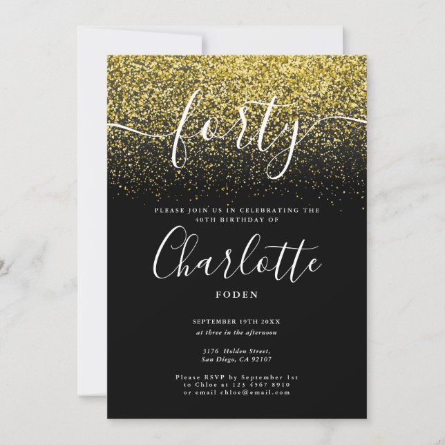 Signature 40th Birthday Gold Glitter Confetti Invitation (Front)