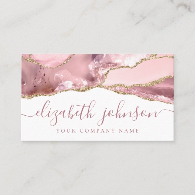 Signature Blush Pink Gold Glitter Agate Marble Business Card (Front)