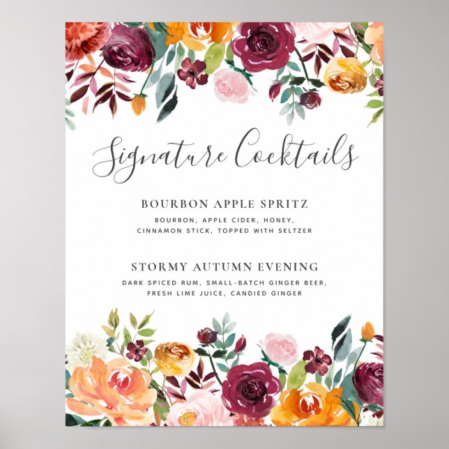 Signature Cocktails Autumn Floral Wedding Bar Menu Poster (Front)