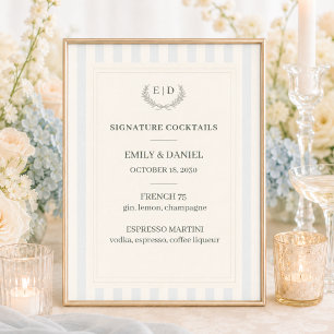 Signature Cocktails Blue & Sage Striped Wedding Poster