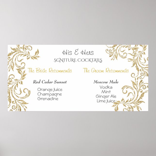 Signature Cocktails, Bride and Groom Gold Glitter Poster (Front)