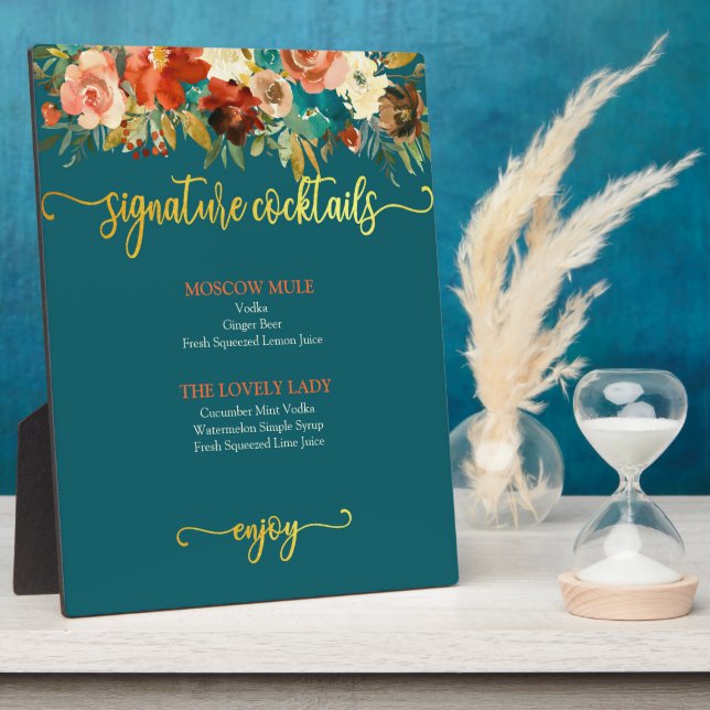 Signature Cocktails Sign - Teal & Orange Floral Plaque (Side)