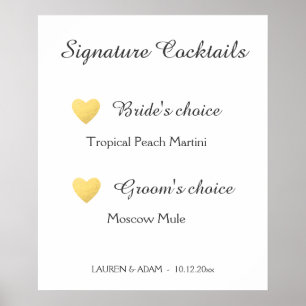 Signature Cocktails wedding sign, faux gold hearts Poster